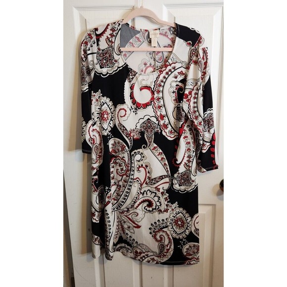 Chico's Dresses & Skirts - Chicos Womens Size 1‎ US 8 Shift Dress Stretch Paisley Knit Swing 3/4 Sleeves